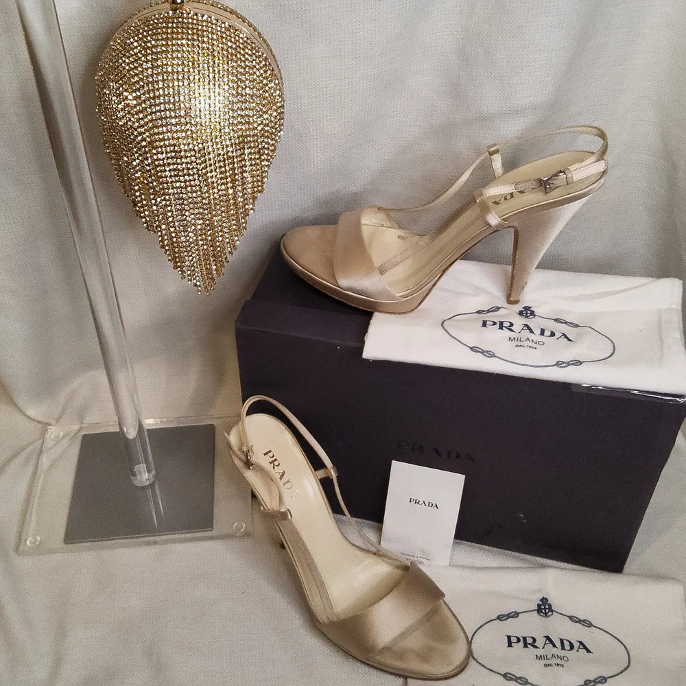 Prada Raso Sabbia champagne satin platform peep toe sandals pumps heels shoes - Picture 3 of 9
